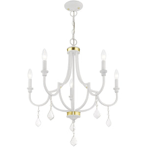 HomeRoots White Five-Light Dimmable Chandelier with Unique Cylinder Shades for Modern Home Ambiance & Style 687310