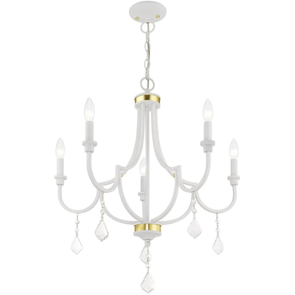 HomeRoots White Five-Light Dimmable Chandelier with Unique Cylinder Shades for Modern Home Ambiance & Style 687310
