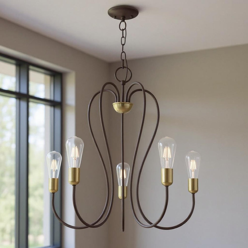 HomeRoots Five Light Dimmable Chandelier with Cylindrical Shades for Modern Elegance and Customizable Ambiance 687314