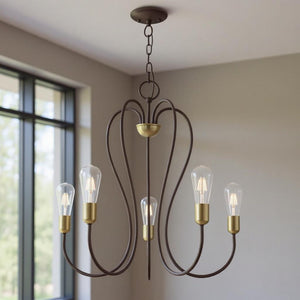 HomeRoots Five Light Dimmable Chandelier with Cylindrical Shades for Modern Elegance and Customizable Ambiance 687314