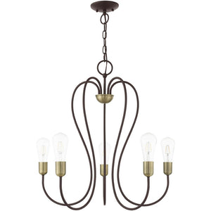 HomeRoots Five Light Dimmable Chandelier with Cylindrical Shades for Modern Elegance and Customizable Ambiance 687314