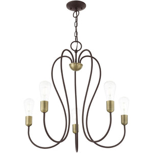 HomeRoots Five Light Dimmable Chandelier with Cylindrical Shades for Modern Elegance and Customizable Ambiance 687314