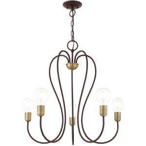HomeRoots Five Light Dimmable Chandelier with Cylindrical Shades for Modern Elegance and Customizable Ambiance 687314