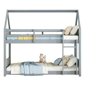 English Elm Twin Over Twin House-Style Bunk Bed With Safety Guardrails, Ladder & Durable Light Grey Finish W504P227934-GIGA