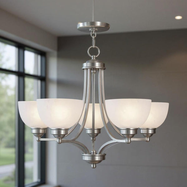 HomeRoots Five Light Dimmable Chandelier – Modern Steel Fixture with Cylindrical Shades for Versatile Illumination 687331