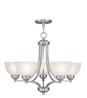 HomeRoots Five Light Dimmable Chandelier – Modern Steel Fixture with Cylindrical Shades for Versatile Illumination 687331