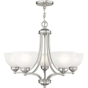 HomeRoots Five Light Dimmable Chandelier – Modern Steel Fixture with Cylindrical Shades for Versatile Illumination 687331