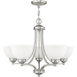 HomeRoots Five Light Dimmable Chandelier – Modern Steel Fixture with Cylindrical Shades for Versatile Illumination 687331