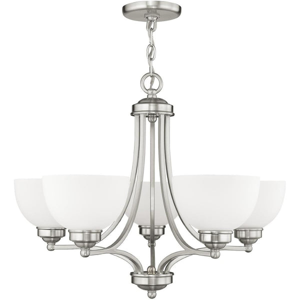 HomeRoots Five Light Dimmable Chandelier – Modern Steel Fixture with Cylindrical Shades for Versatile Illumination 687331