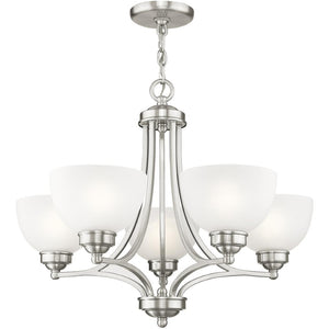 HomeRoots Five Light Dimmable Chandelier – Modern Steel Fixture with Cylindrical Shades for Versatile Illumination 687331