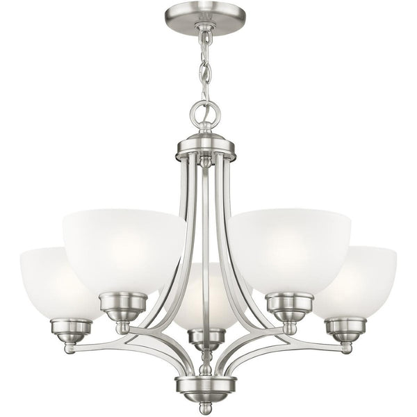HomeRoots Five Light Dimmable Chandelier – Modern Steel Fixture with Cylindrical Shades for Versatile Illumination 687331