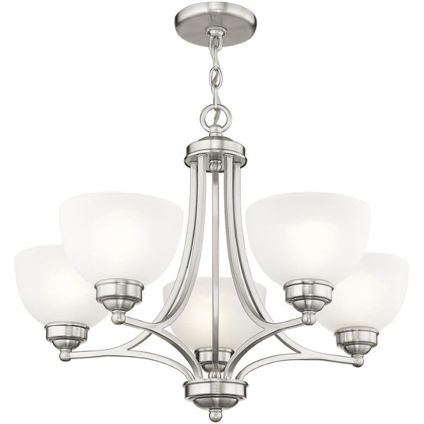 HomeRoots Five Light Dimmable Chandelier – Modern Steel Fixture with Cylindrical Shades for Versatile Illumination 687331