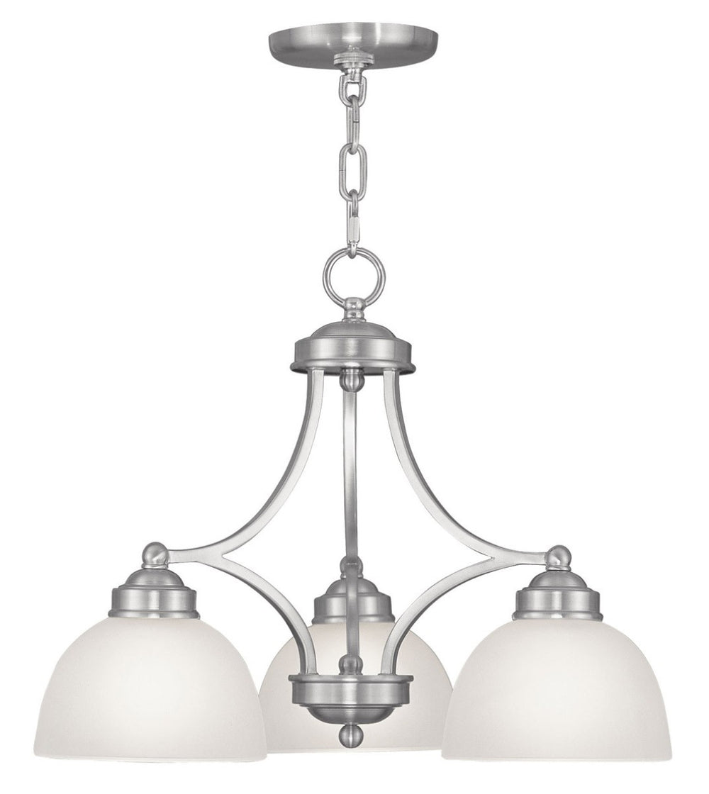 HomeRoots Nickel Three-Light Dimmable Chandelier with Off-White Shades for Elegant Home Ambiance Design 687332