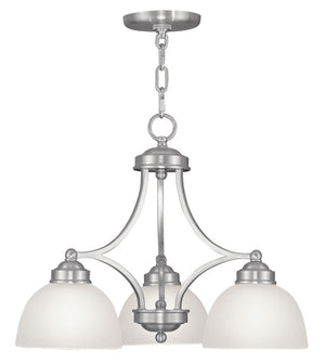 HomeRoots Nickel Three-Light Dimmable Chandelier with Off-White Shades for Elegant Home Ambiance Design 687332