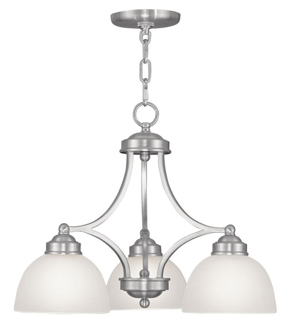 HomeRoots Nickel Three-Light Dimmable Chandelier with Off-White Shades for Elegant Home Ambiance Design 687332