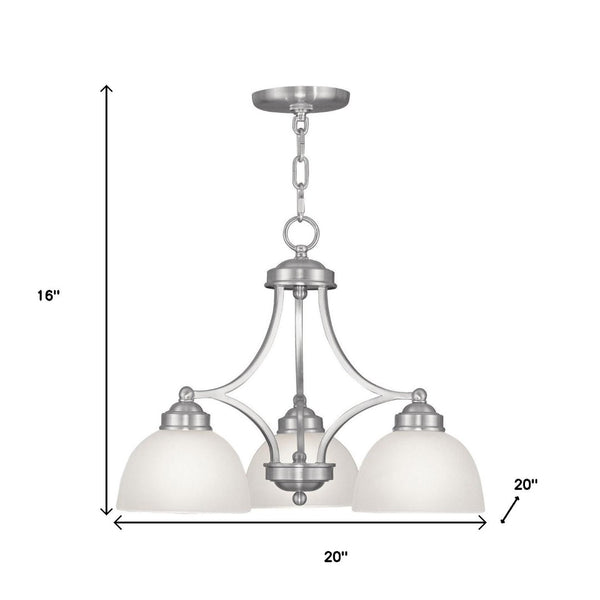 HomeRoots Nickel Three-Light Dimmable Chandelier with Off-White Shades for Elegant Home Ambiance Design 687332