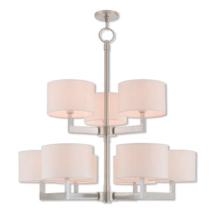HomeRoots Nickel Elegant Nine-Light Dimmable Chandelier with Off-White Shades for Modern Home Decor Charm 687340
