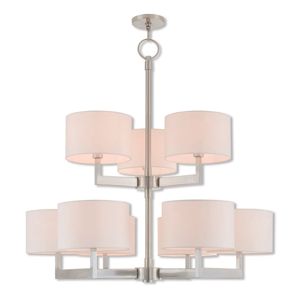 HomeRoots Nickel Elegant Nine-Light Dimmable Chandelier with Off-White Shades for Modern Home Decor Charm 687340
