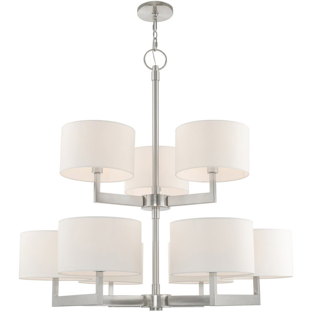 HomeRoots Nickel Elegant Nine-Light Dimmable Chandelier with Off-White Shades for Modern Home Decor Charm 687340