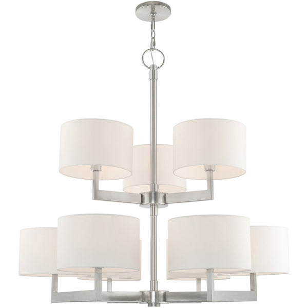 HomeRoots Nickel Elegant Nine-Light Dimmable Chandelier with Off-White Shades for Modern Home Decor Charm 687340
