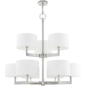 HomeRoots Nickel Elegant Nine-Light Dimmable Chandelier with Off-White Shades for Modern Home Decor Charm 687340