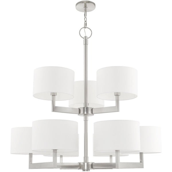 HomeRoots Nickel Elegant Nine-Light Dimmable Chandelier with Off-White Shades for Modern Home Decor Charm 687340