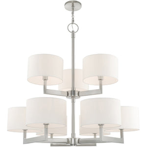 HomeRoots Nickel Elegant Nine-Light Dimmable Chandelier with Off-White Shades for Modern Home Decor Charm 687340