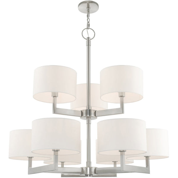 HomeRoots Nickel Elegant Nine-Light Dimmable Chandelier with Off-White Shades for Modern Home Decor Charm 687340