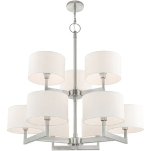 HomeRoots Nickel Elegant Nine-Light Dimmable Chandelier with Off-White Shades for Modern Home Decor Charm 687340