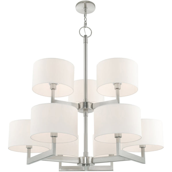 HomeRoots Nickel Elegant Nine-Light Dimmable Chandelier with Off-White Shades for Modern Home Decor Charm 687340