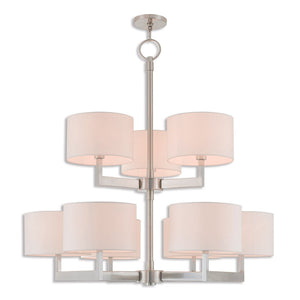 HomeRoots Nickel Elegant Nine-Light Dimmable Chandelier with Off-White Shades for Modern Home Decor Charm 687340