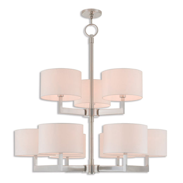 HomeRoots Nickel Elegant Nine-Light Dimmable Chandelier with Off-White Shades for Modern Home Decor Charm 687340