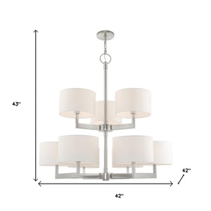 HomeRoots Nickel Elegant Nine-Light Dimmable Chandelier with Off-White Shades for Modern Home Decor Charm 687340
