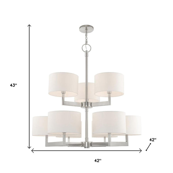 HomeRoots Nickel Elegant Nine-Light Dimmable Chandelier with Off-White Shades for Modern Home Decor Charm 687340