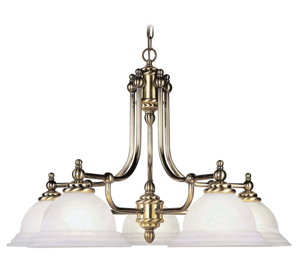 HomeRoots Antiqued Brass Five-Light Dimmable Chandelier with White Shades – Modern Elegance for Any Space 687346