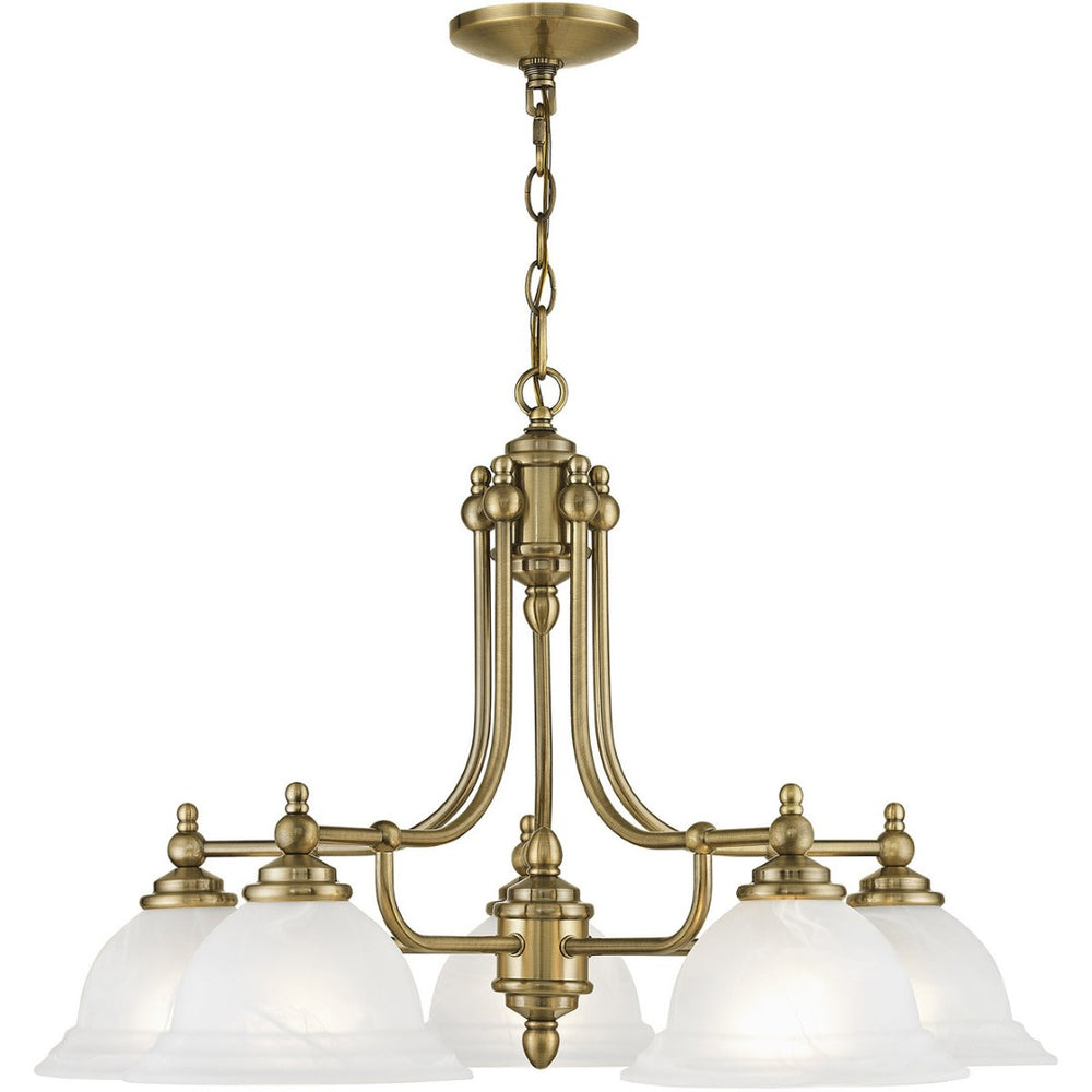 HomeRoots Antiqued Brass Five-Light Dimmable Chandelier with White Shades – Modern Elegance for Any Space 687346