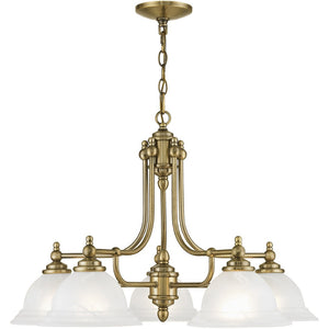 HomeRoots Antiqued Brass Five-Light Dimmable Chandelier with White Shades – Modern Elegance for Any Space 687346