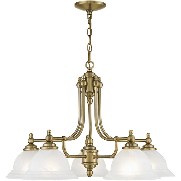 HomeRoots Antiqued Brass Five-Light Dimmable Chandelier with White Shades – Modern Elegance for Any Space 687346