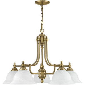 HomeRoots Antiqued Brass Five-Light Dimmable Chandelier with White Shades – Modern Elegance for Any Space 687346