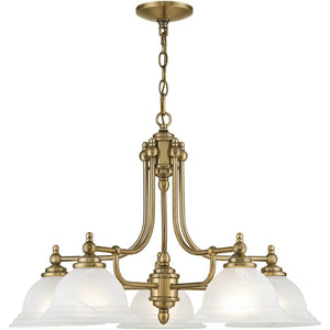 HomeRoots Antiqued Brass Five-Light Dimmable Chandelier with White Shades – Modern Elegance for Any Space 687346
