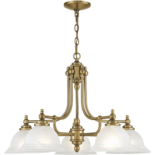HomeRoots Antiqued Brass Five-Light Dimmable Chandelier with White Shades – Modern Elegance for Any Space 687346