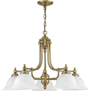 HomeRoots Antiqued Brass Five-Light Dimmable Chandelier with White Shades – Modern Elegance for Any Space 687346