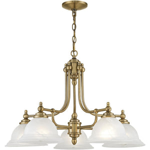 HomeRoots Antiqued Brass Five-Light Dimmable Chandelier with White Shades – Modern Elegance for Any Space 687346