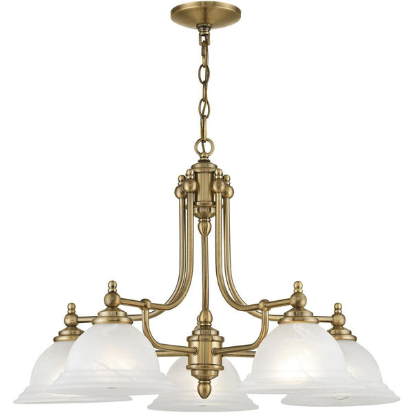 HomeRoots Antiqued Brass Five-Light Dimmable Chandelier with White Shades – Modern Elegance for Any Space 687346