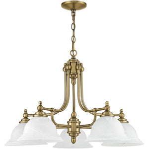 HomeRoots Antiqued Brass Five-Light Dimmable Chandelier with White Shades – Modern Elegance for Any Space 687346