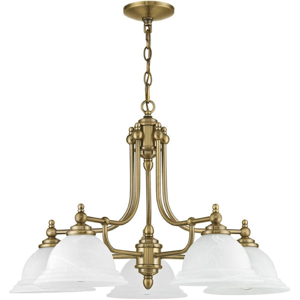 HomeRoots Antiqued Brass Five-Light Dimmable Chandelier with White Shades – Modern Elegance for Any Space 687346