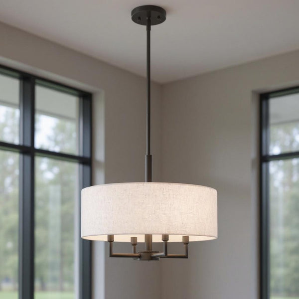 HomeRoots Four Light Dimmable Chandelier - Modern Steel Fixture with Cylindrical Shades for Stylish Illumination 687350