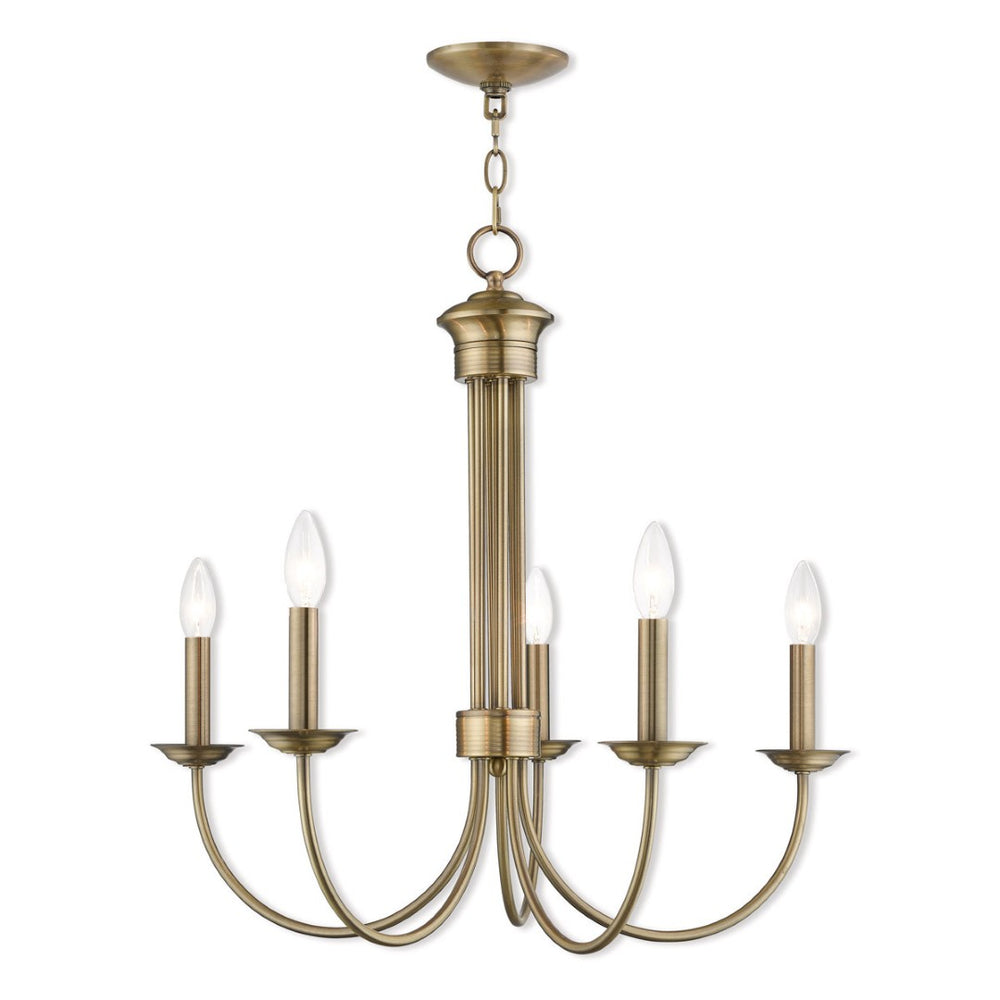 HomeRoots Antiqued Brass Five-Light Chandelier - Dimmable Metal Design with Steel Shades for Elegant Lighting 687361