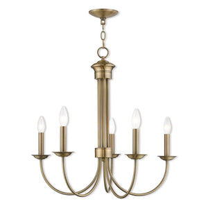 HomeRoots Antiqued Brass Five-Light Chandelier - Dimmable Metal Design with Steel Shades for Elegant Lighting 687361