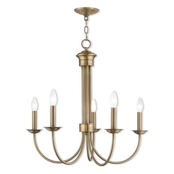 HomeRoots Antiqued Brass Five-Light Chandelier - Dimmable Metal Design with Steel Shades for Elegant Lighting 687361